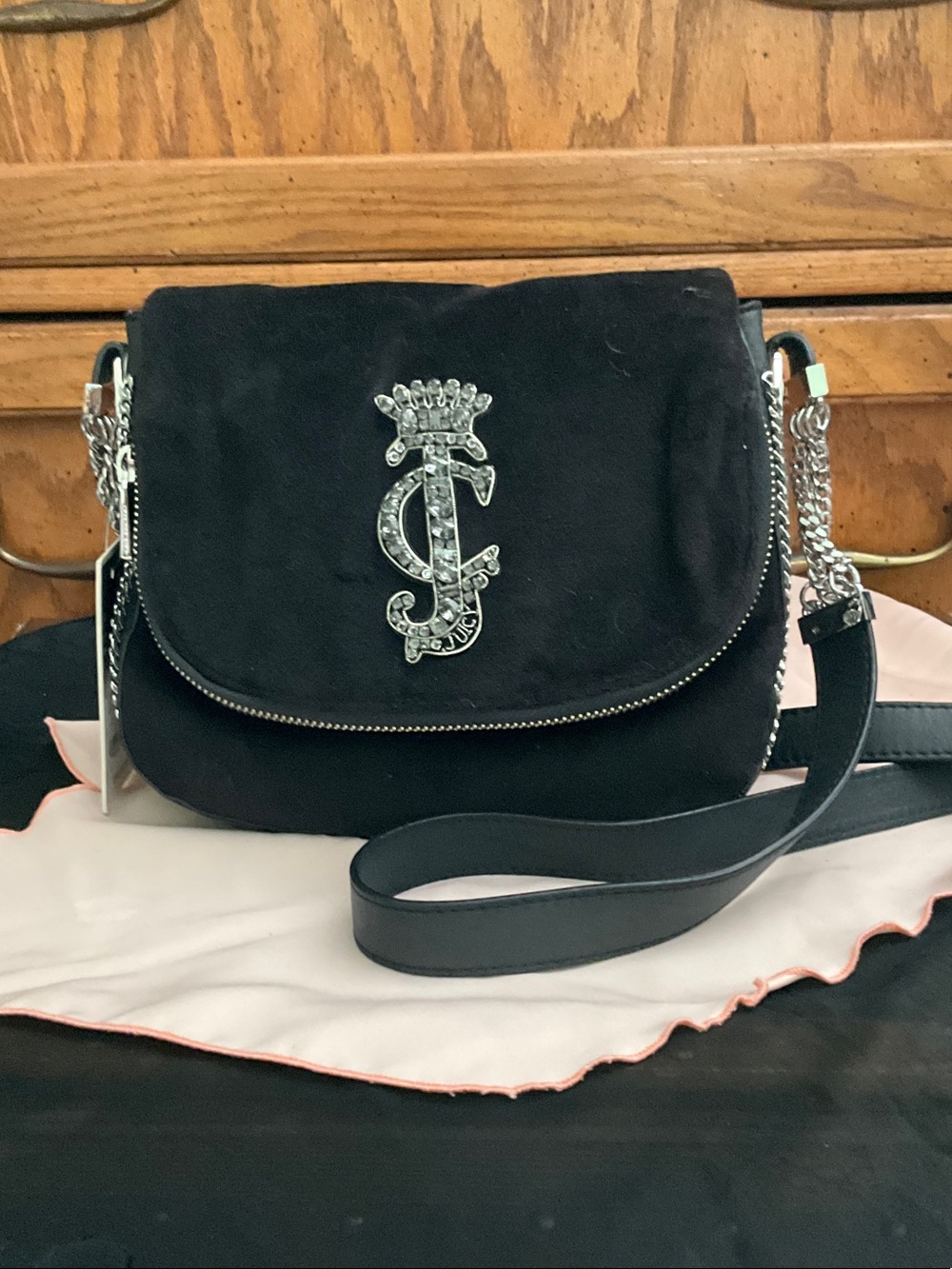 NWT Juicy Couture Black Velour Shoulder Bag with Silver Rhinestone Logo Accent